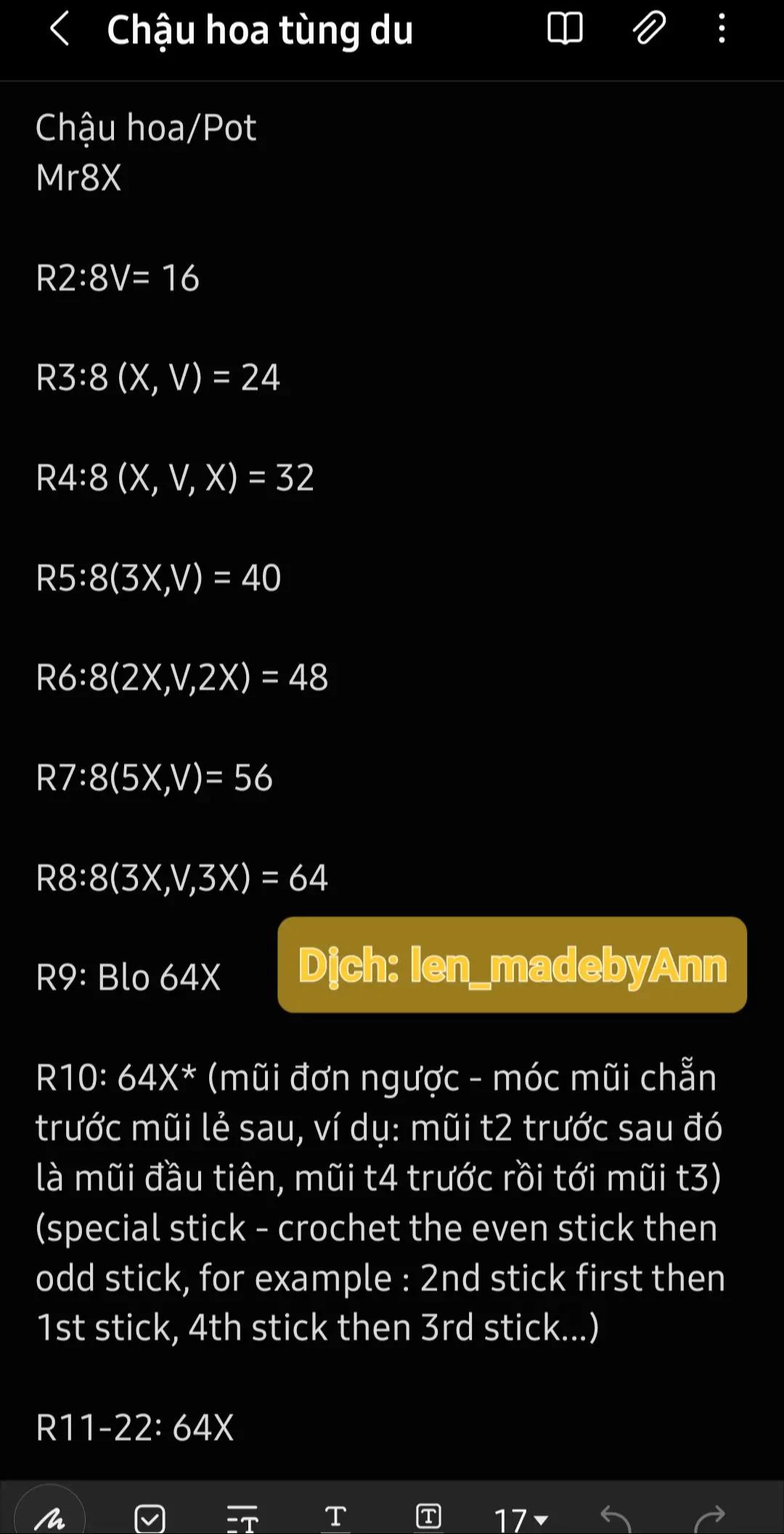 Hướng dẫn móc len chậu hoa tùng du với chart chi tiết từng hàng, bao gồm phần chậu, đất, cánh hoa, lá và nụ