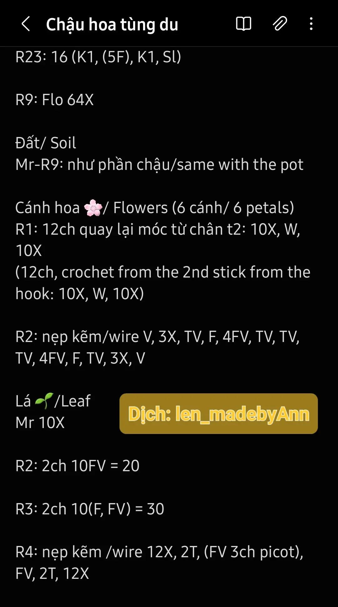 Hướng dẫn móc len chậu hoa tùng du với chart chi tiết từng hàng, bao gồm phần chậu, đất, cánh hoa, lá và nụ