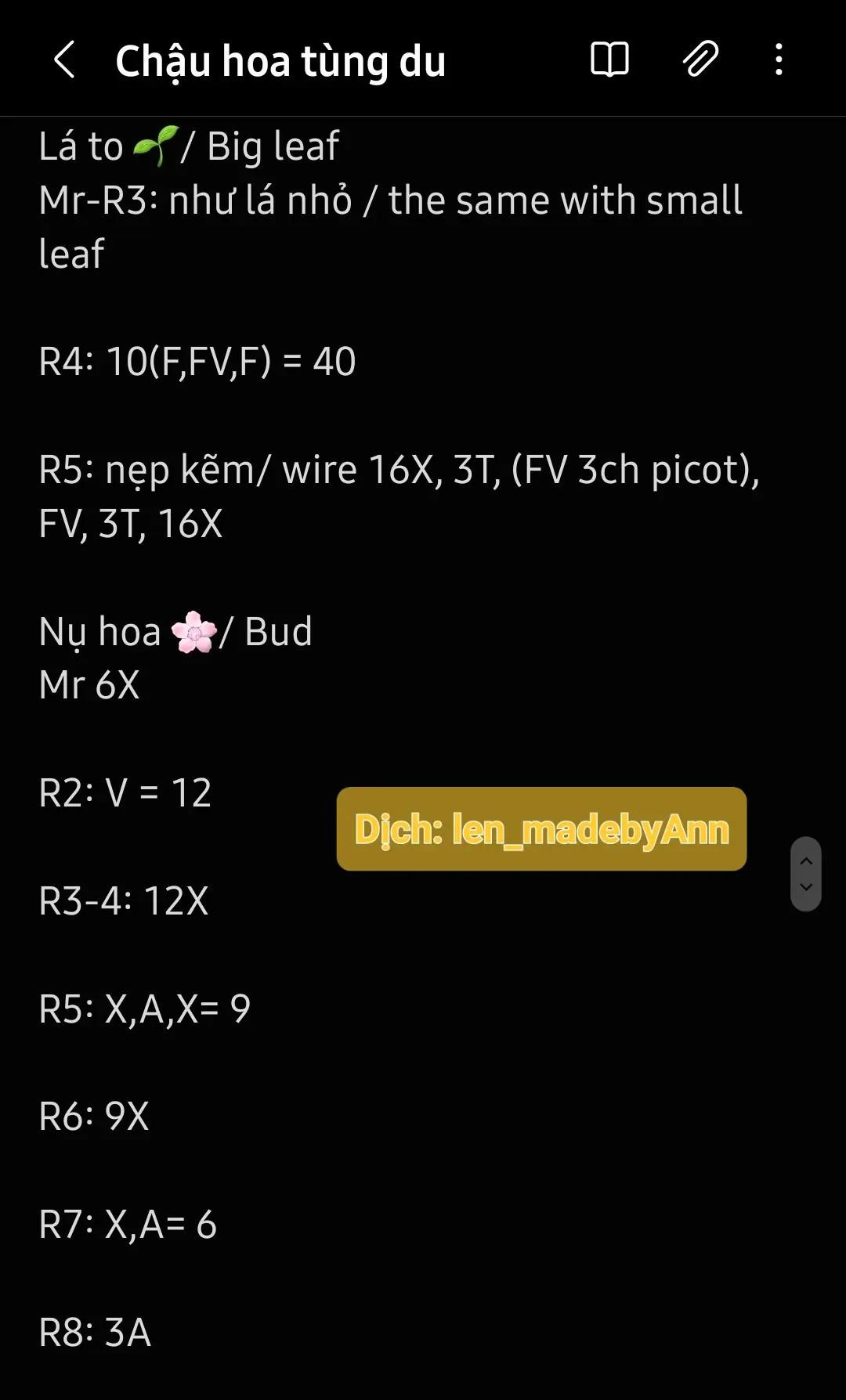 Hướng dẫn móc len chậu hoa tùng du với chart chi tiết từng hàng, bao gồm phần chậu, đất, cánh hoa, lá và nụ
