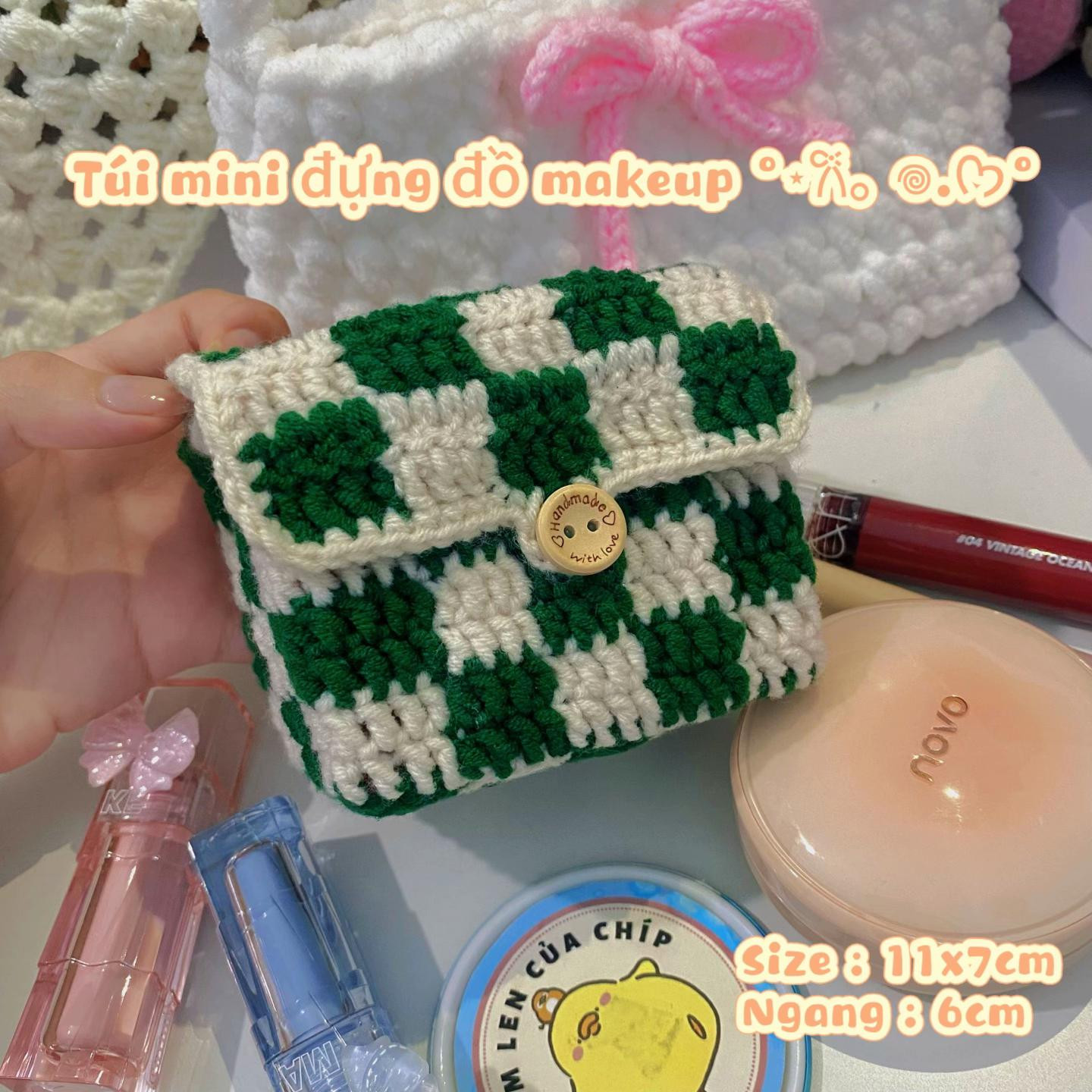Hướng dẫn móc len chi tiết làm túi mini caro xanh trắng đựng đồ makeup, son phấn