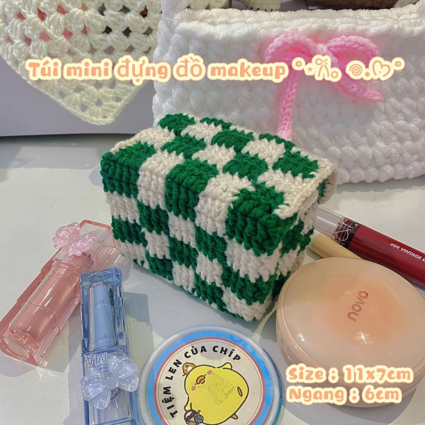 Hướng dẫn móc len chi tiết làm túi mini caro xanh trắng đựng đồ makeup, son phấn