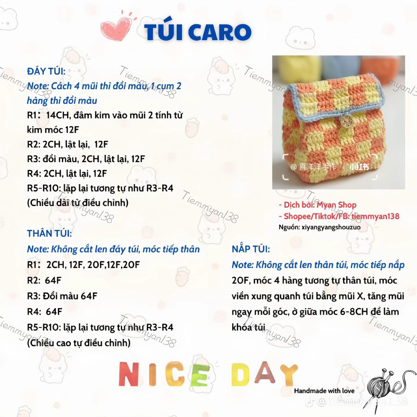 Hướng dẫn móc len chi tiết làm túi mini caro xanh trắng đựng đồ makeup, son phấn