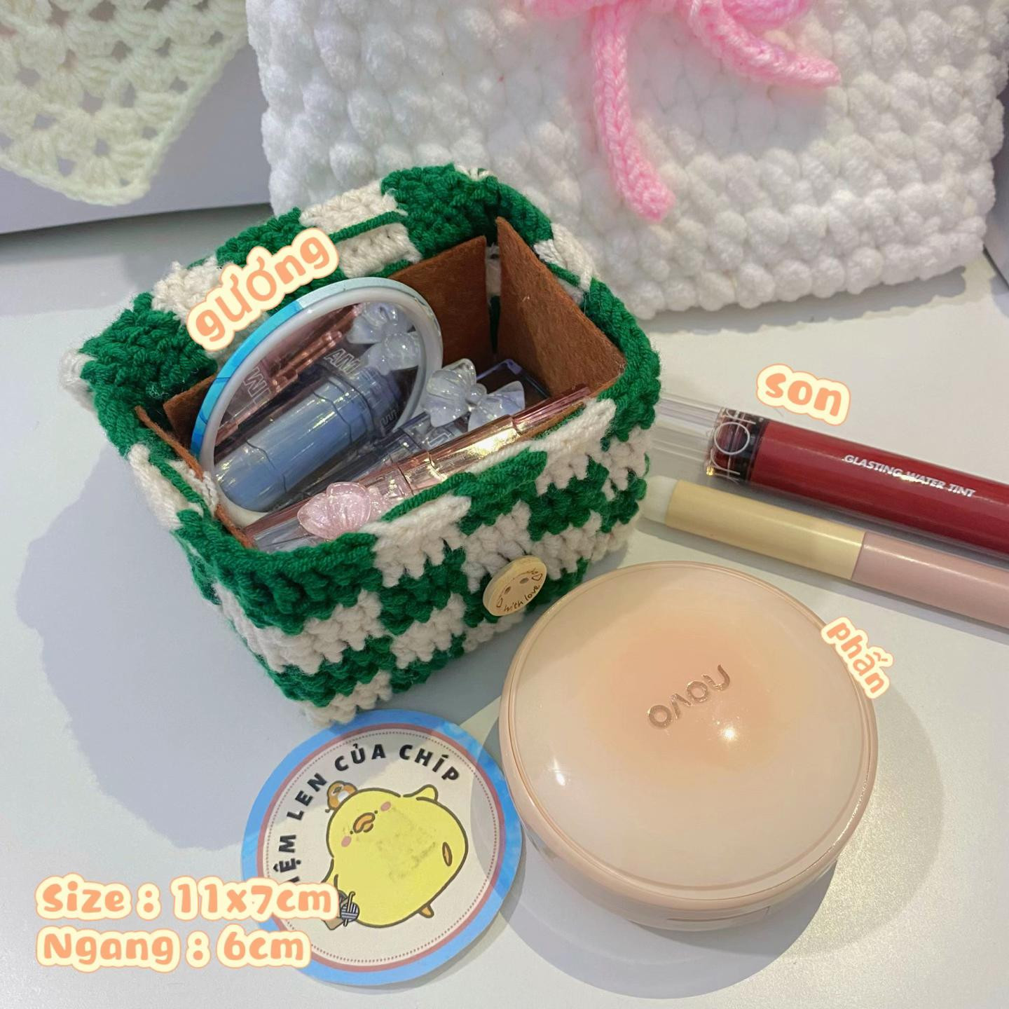 Hướng dẫn móc len chi tiết làm túi mini caro xanh trắng đựng đồ makeup, son phấn