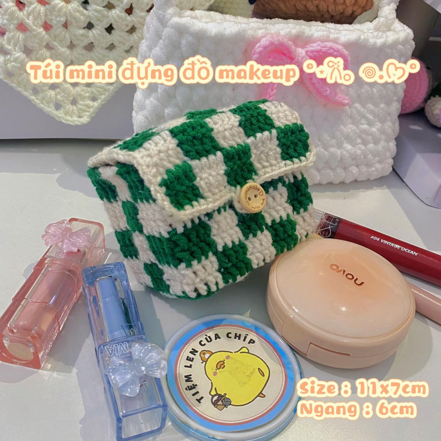 Hướng dẫn móc len chi tiết làm túi mini caro xanh trắng đựng đồ makeup, son phấn