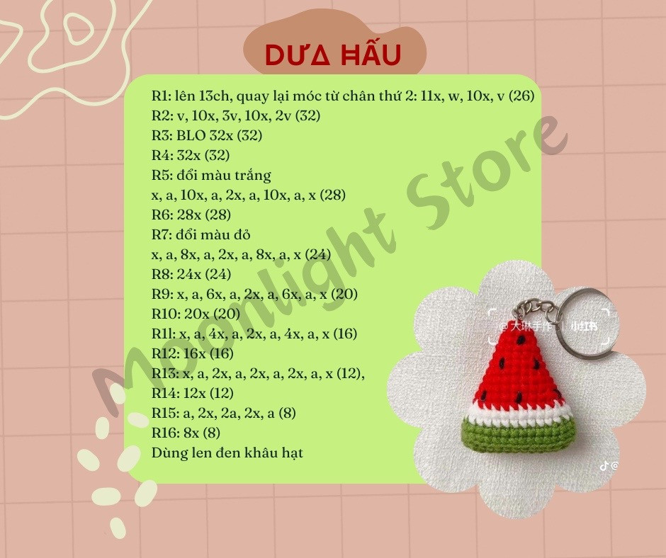 Hướng dẫn móc len chìa khóa hình dưa hấu