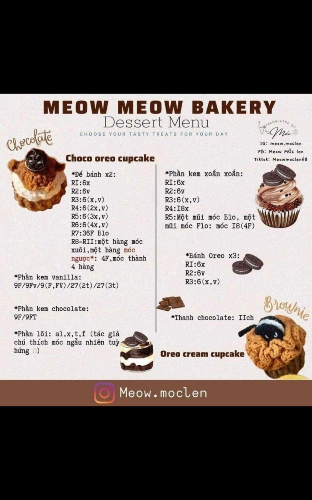 Hướng dẫn móc len Choco Oreo Cupcake và các loại bánh ngọt