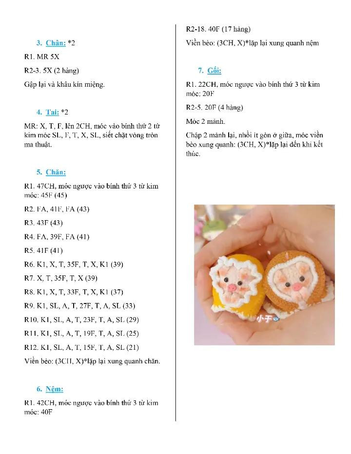 Hướng dẫn móc len chú lợn con trên giường ngủ dễ thương, bảng chart chi tiết từng bước