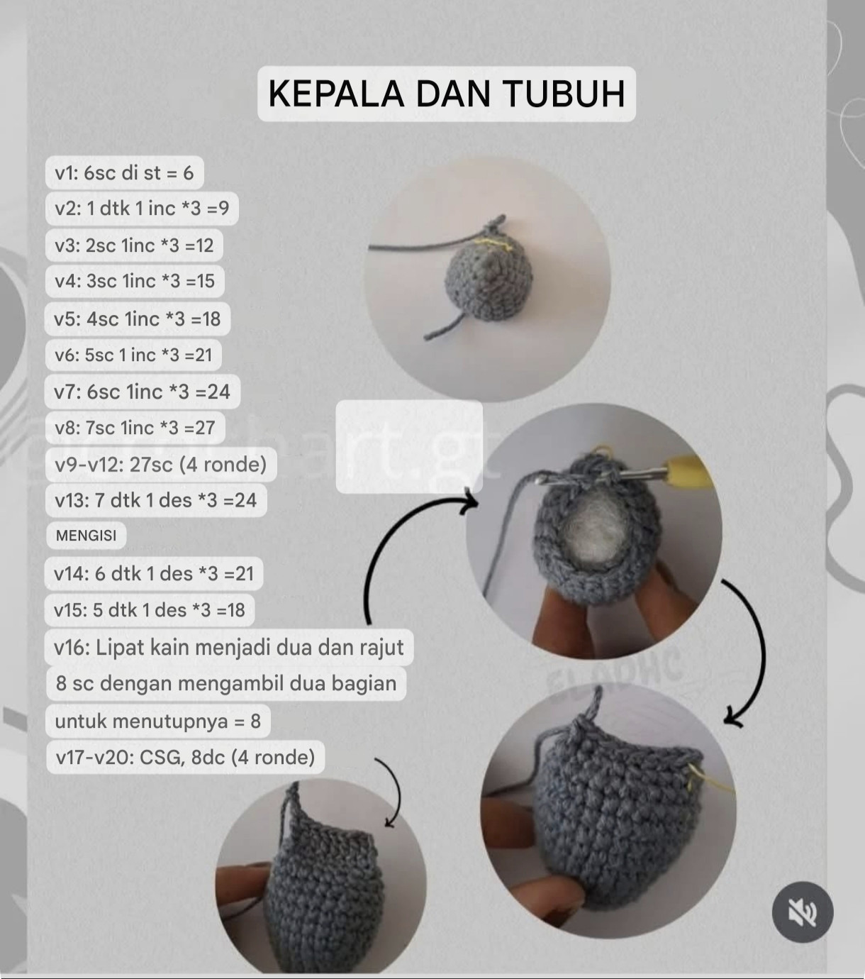 Hướng dẫn móc len chuột chụm cửa màu xám