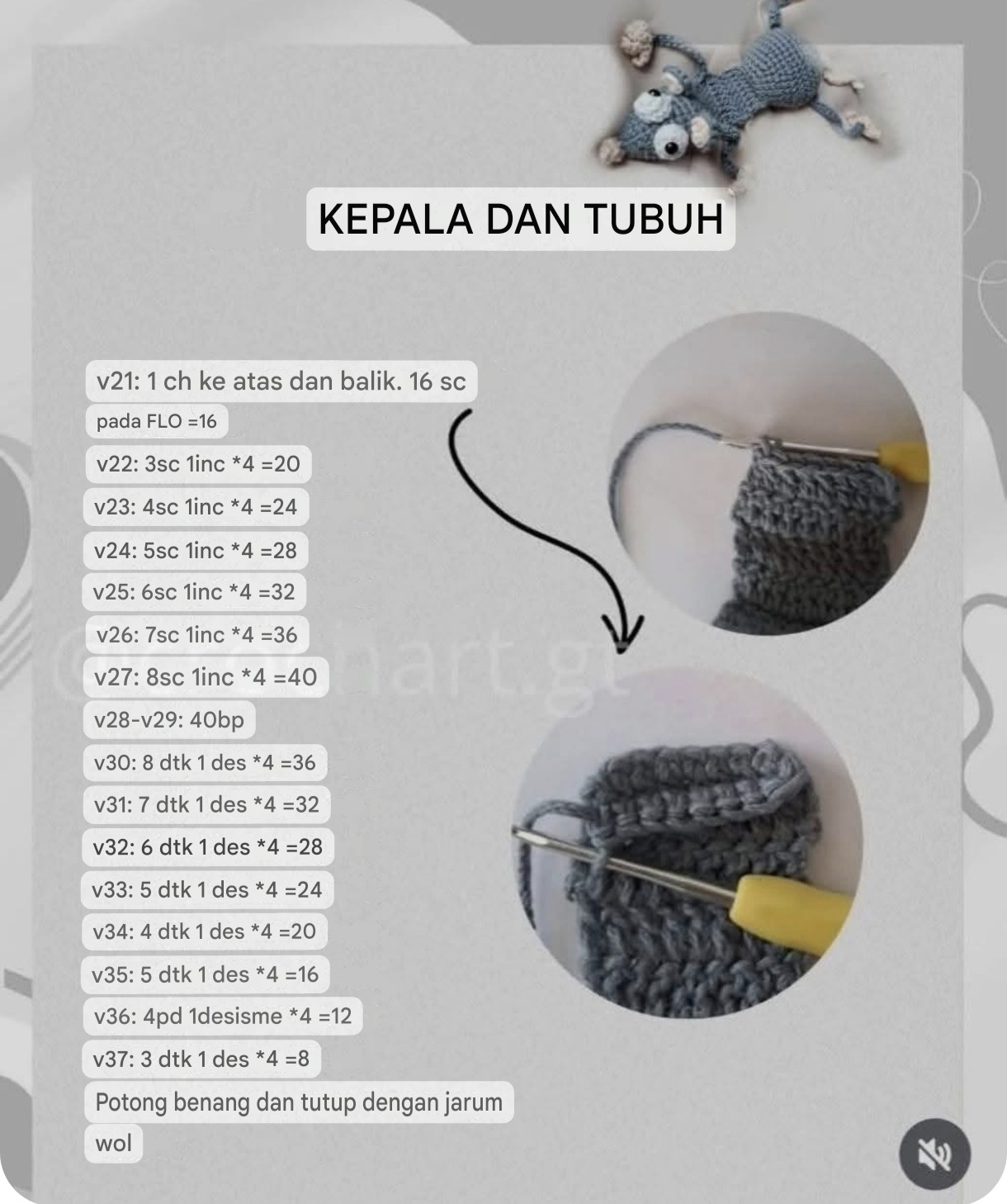 Hướng dẫn móc len chuột chụm cửa màu xám