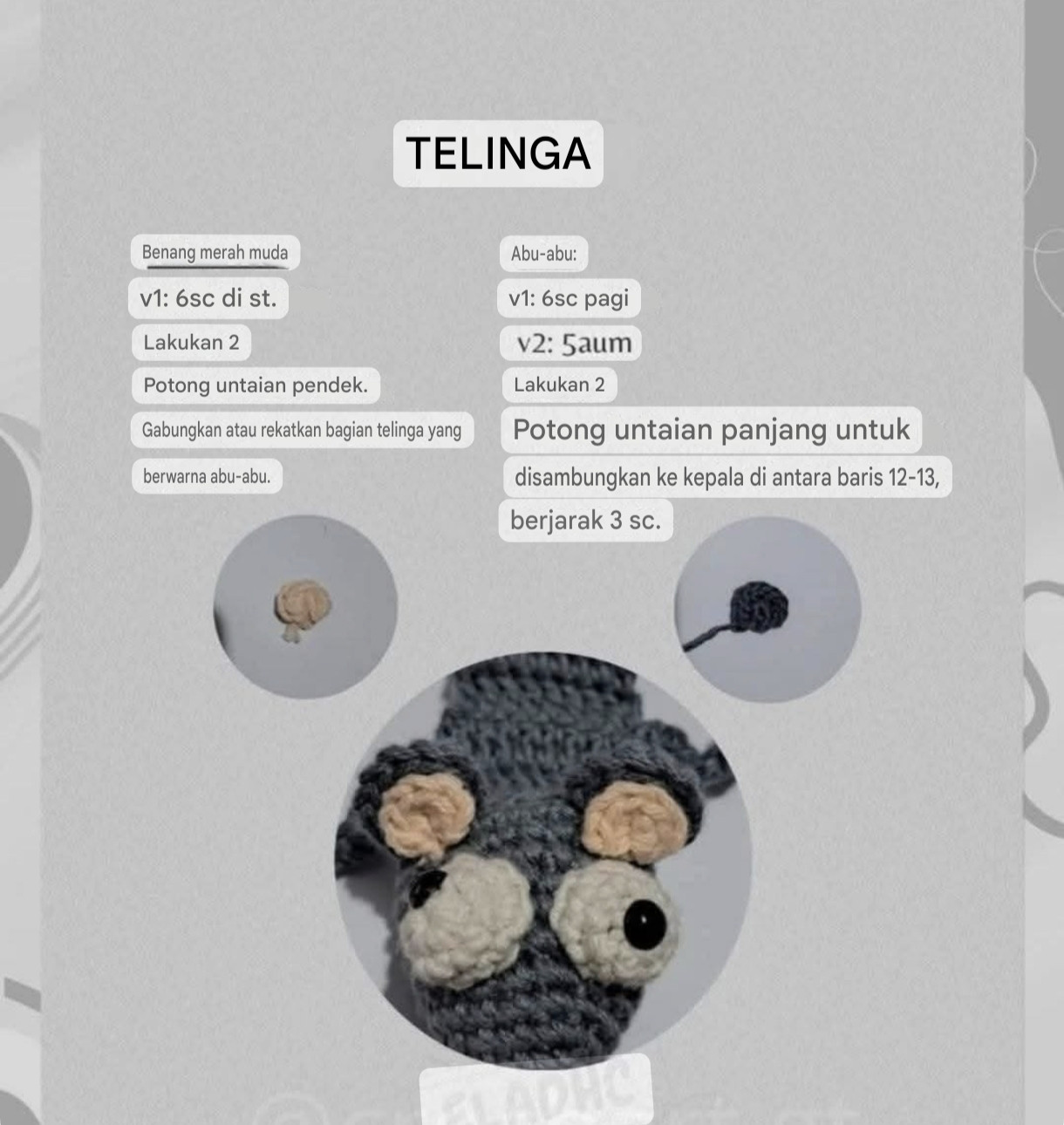 Hướng dẫn móc len chuột chụm cửa màu xám