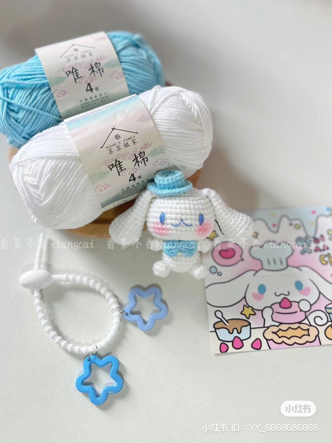 Hướng dẫn móc len Cinnamoroll màu trắng xanh