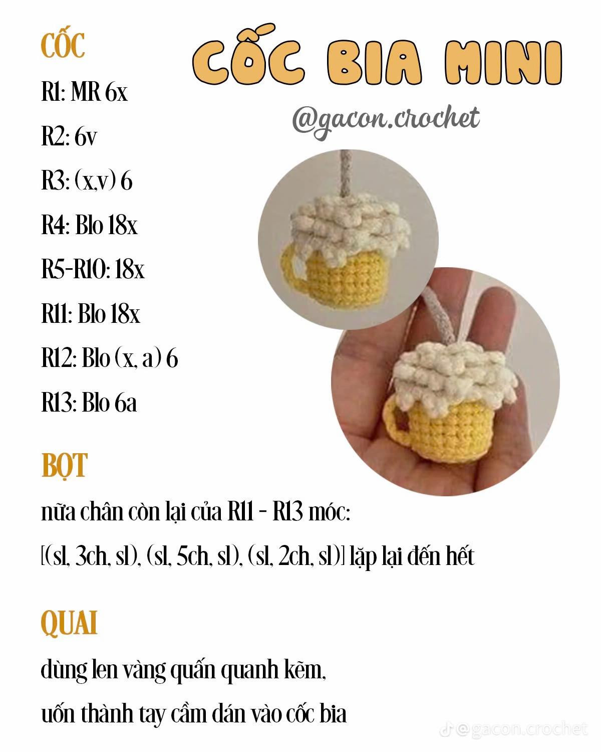 Hướng dẫn móc len cốc bia mini màu vàng với bọt trắng