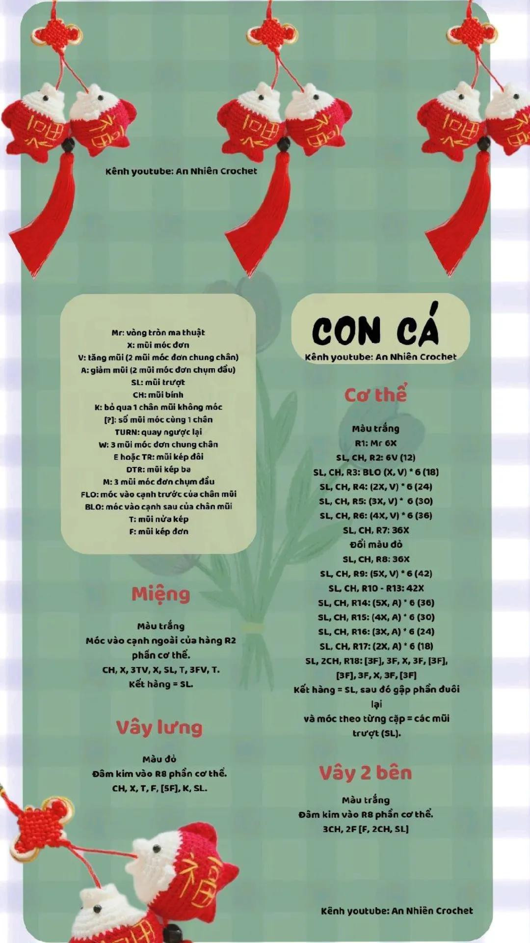 Hướng dẫn móc len con cá may mắn màu đỏ trắng