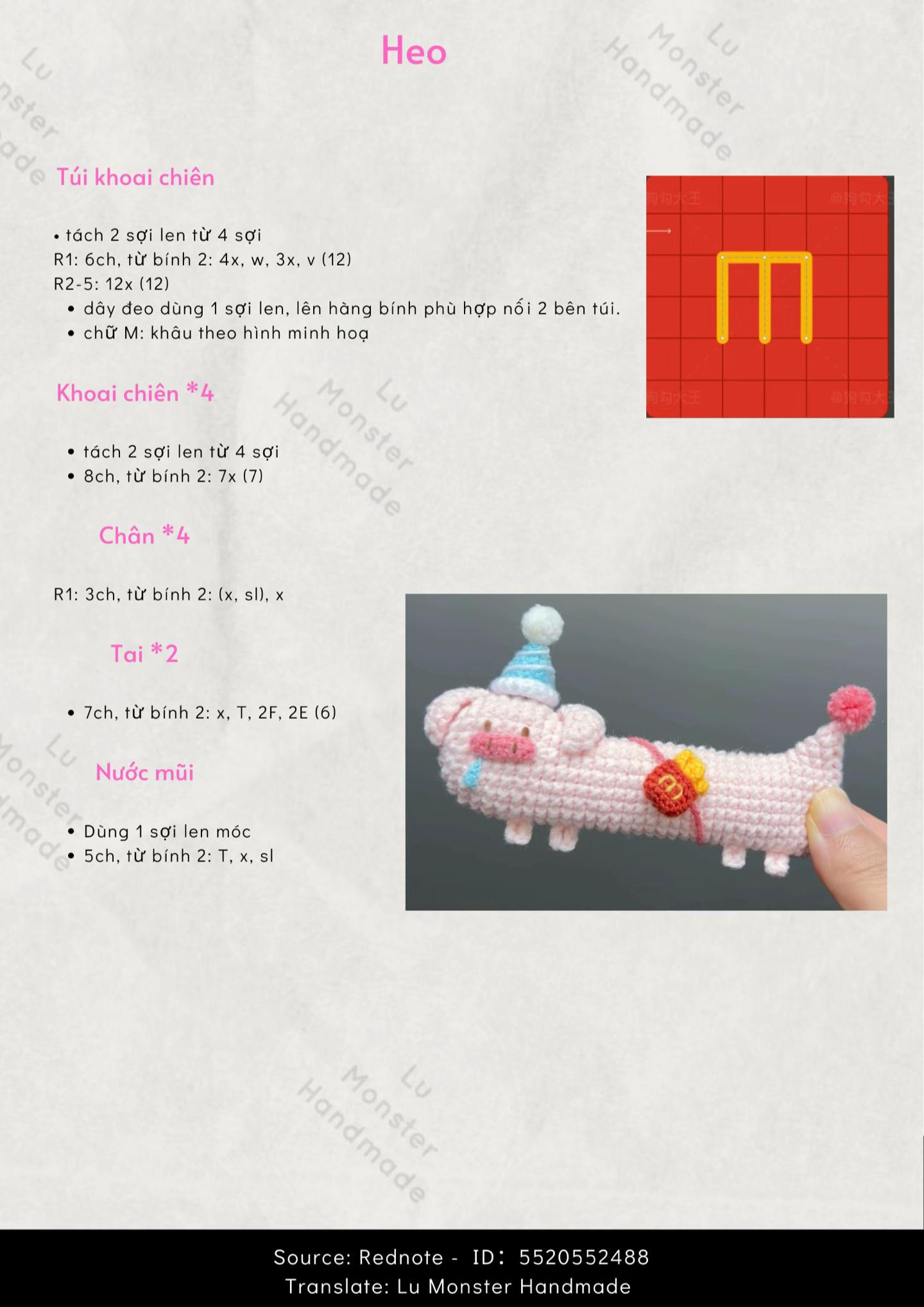 Hướng dẫn móc len con heo màu hồng đeo túi khoai chiên