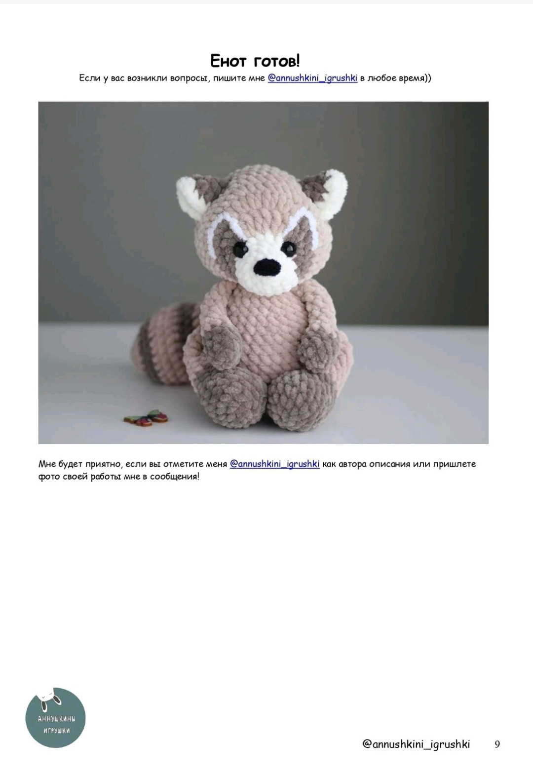 Hướng dẫn móc len con Raccoon dễ thương bằng tiếng Nga