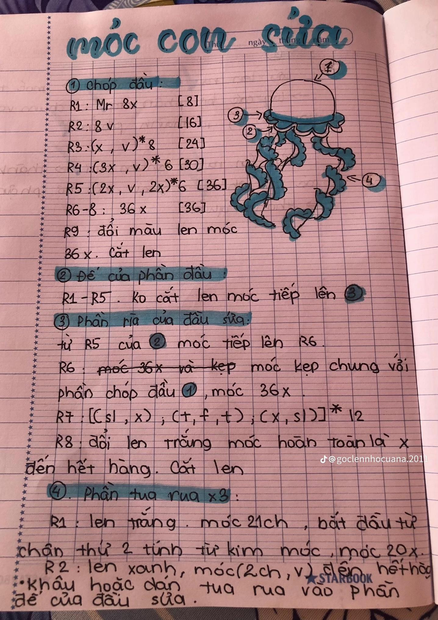 Hướng dẫn móc len con sứa màu xanh và hồng