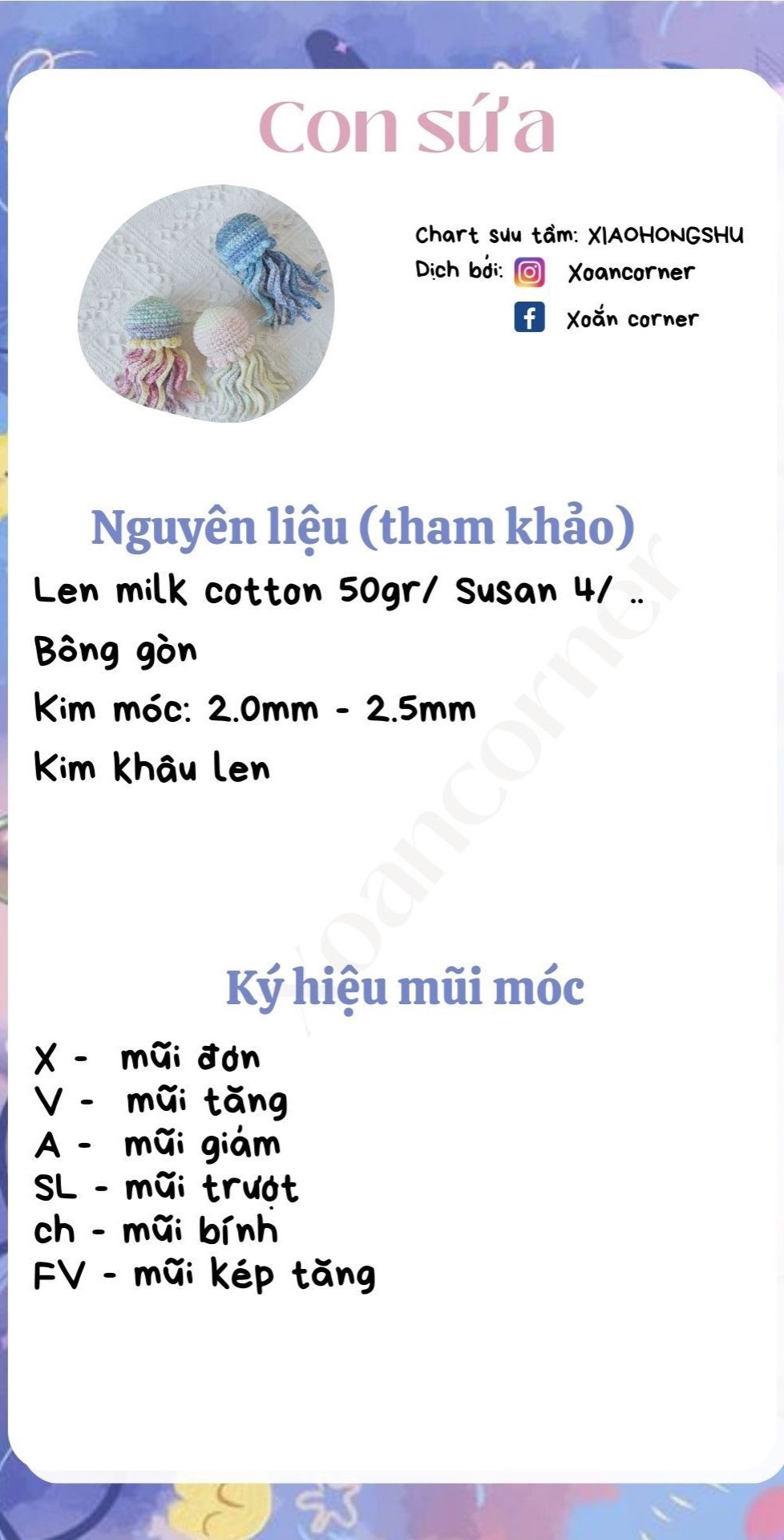 Hướng dẫn móc len con sứa pastel với chart tiếng Việt chi tiết