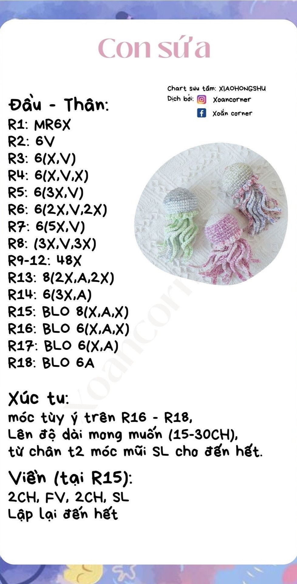 Hướng dẫn móc len con sứa pastel với chart tiếng Việt chi tiết