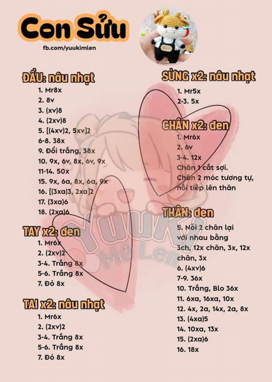 Hướng dẫn móc len Con Sửu - Trâu con mặc quần đen