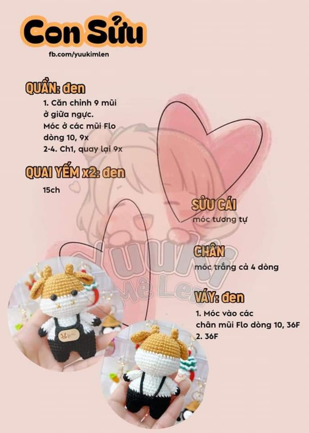 Hướng dẫn móc len Con Sửu - Trâu con mặc quần đen