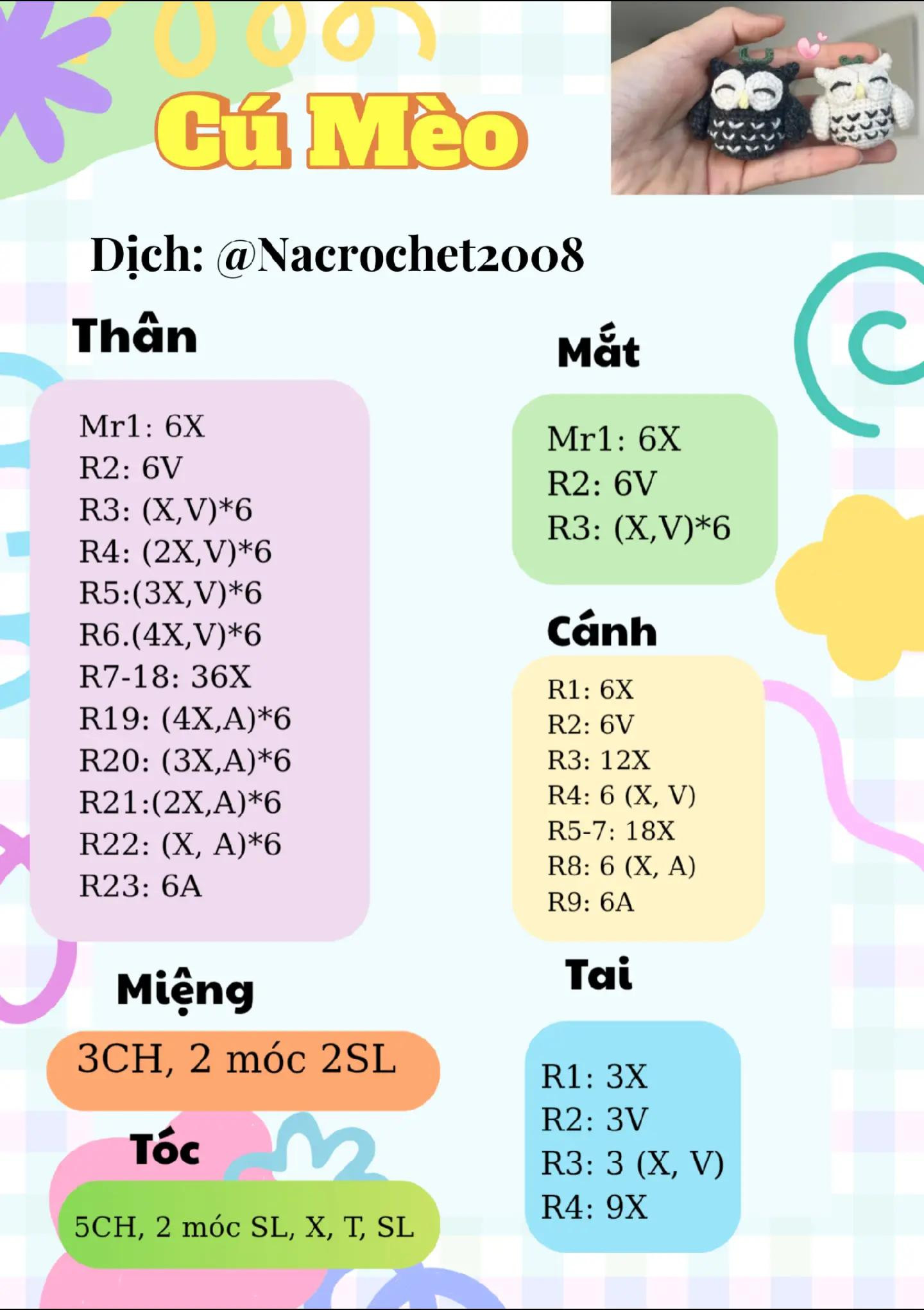 Hướng dẫn móc len Cú Mèo dễ thương, bảng chart chi tiết từng hàng
