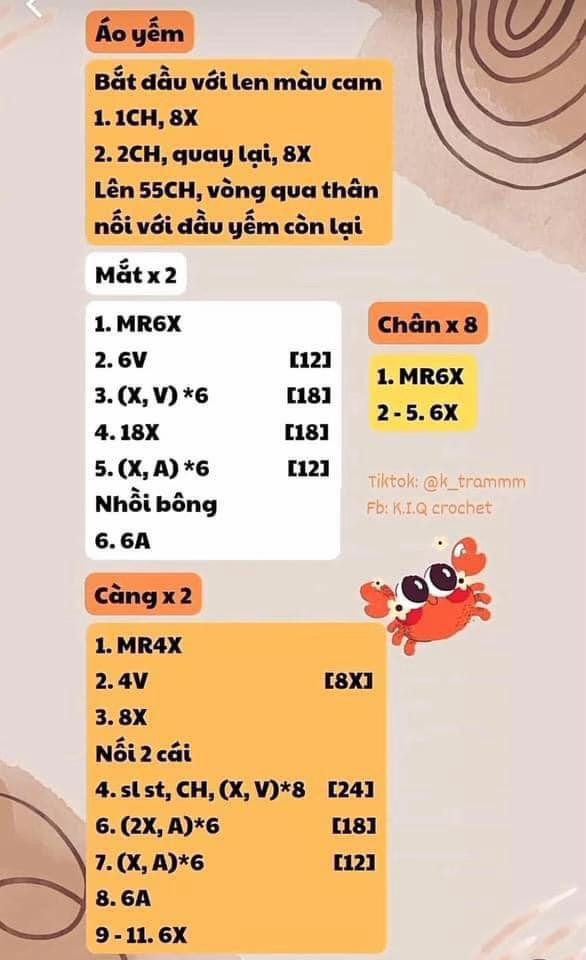 Hướng dẫn móc len Cua Cute - Chart chi tiết từng phần