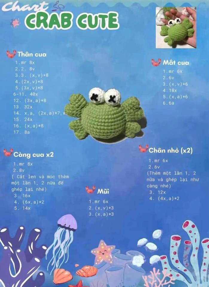Hướng dẫn móc len Cua Cute - Chart chi tiết từng phần