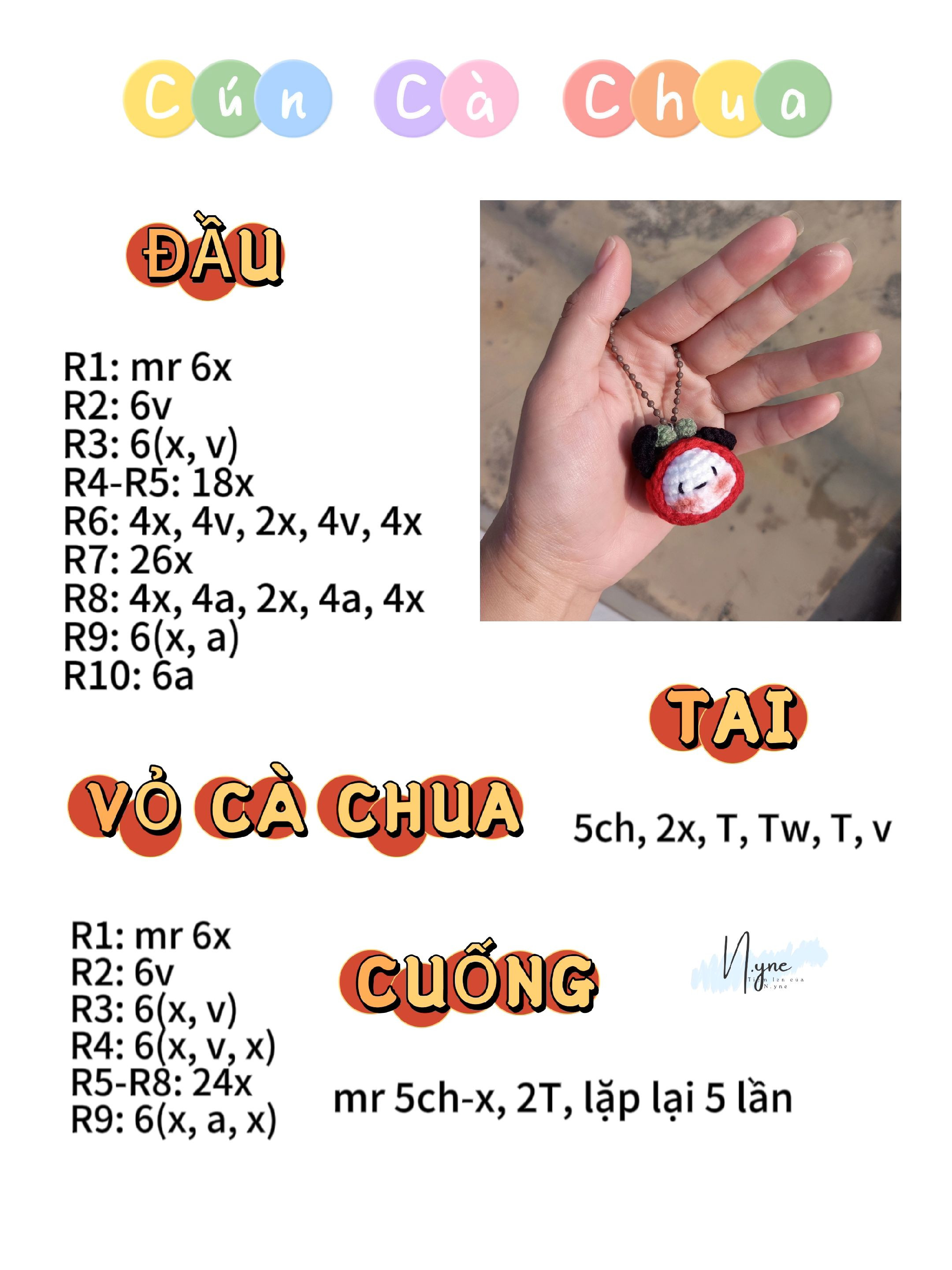Hướng dẫn móc len Cún Cà Chua dễ thương, bảng chart chi tiết từng phần