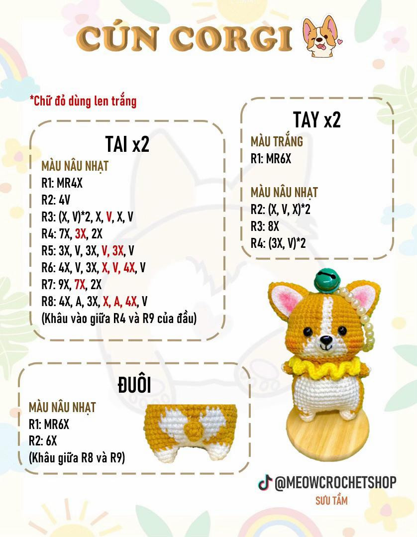 Hướng dẫn móc len Cún Corgi dễ thương, chart chi tiết từng phần đầu, tai, tay, chân và thân