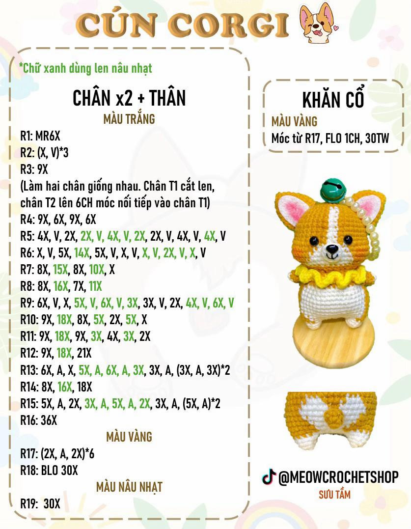 Hướng dẫn móc len Cún Corgi dễ thương, chart chi tiết từng phần đầu, tai, tay, chân và thân