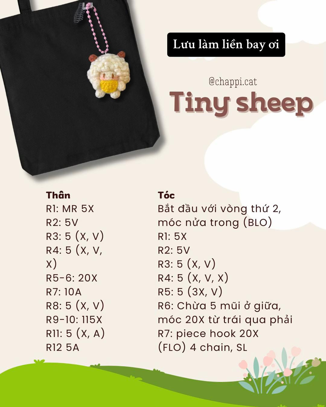 Hướng dẫn móc len cừu Tiny sheep dễ thương, chart chi tiết từng hàng