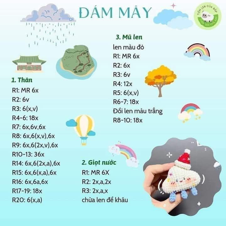 Hướng dẫn móc len Dám Mây dễ thương với mũ đỏ