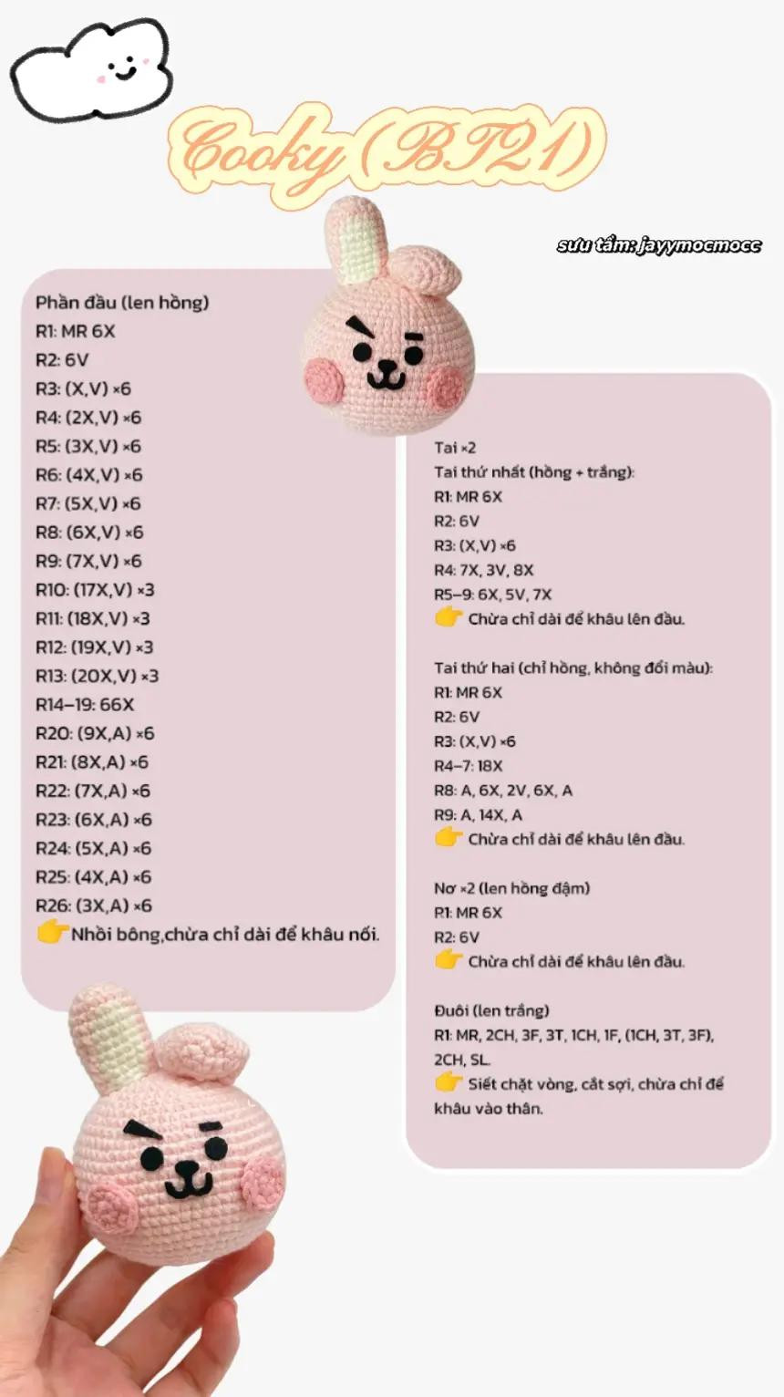 Hướng dẫn móc len đầu búp bê Cookie BT21 màu hồng dễ thương