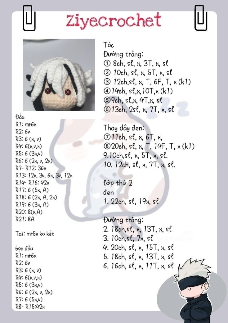 Hướng dẫn móc len đầu búp bê Mochi tóc trắng đen chi tiết
