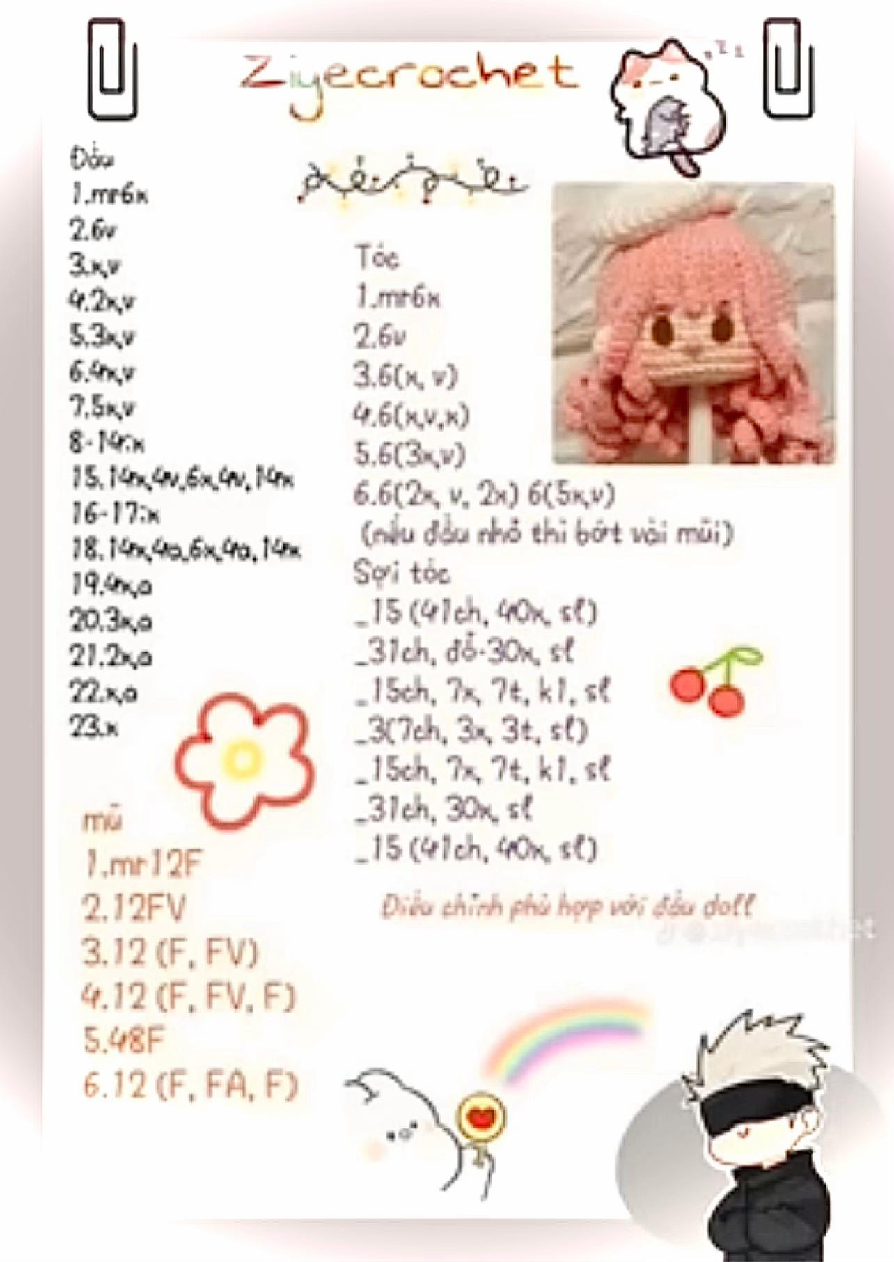 Hướng dẫn móc len đầu búp bê tóc hồng đội mũ trắng, bao gồm chart chi tiết từng hàng