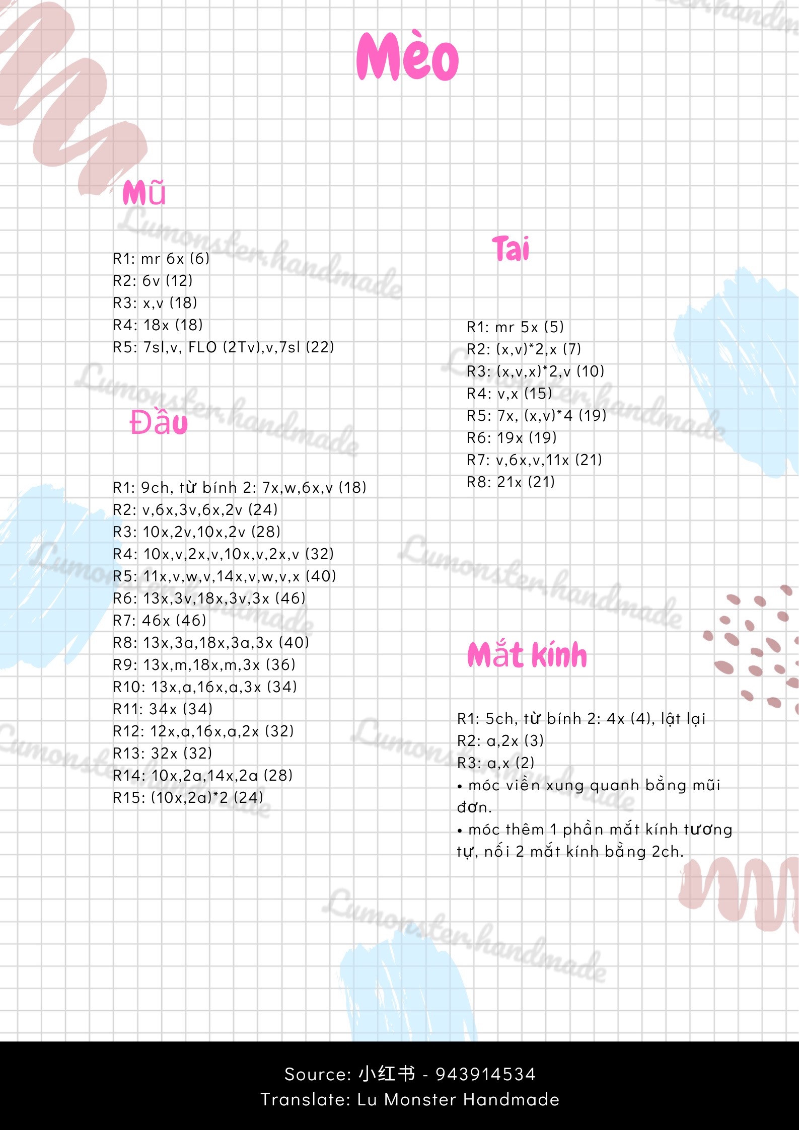 Hướng dẫn móc len đầu mèo đeo kính mát và bánh ngọt