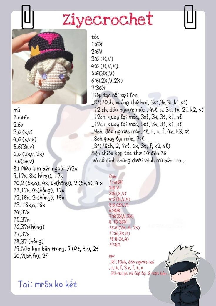 Hướng dẫn móc len đầu nhân vật Gojo Satoru đội mũ cao