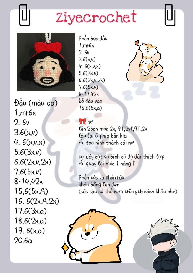 Hướng dẫn móc len đầu nhân vật khóc mắt to, tóc đen