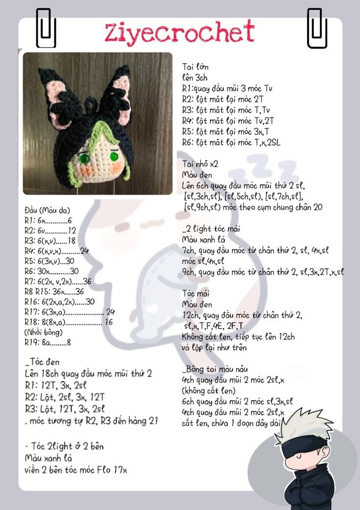 Hướng dẫn móc len đầu nhân vật tai thỏ đen mắt xanh