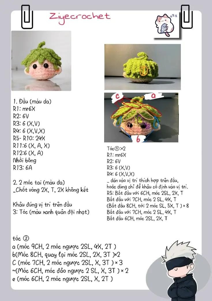 Hướng dẫn móc len đầu nhân vật tóc xanh lá