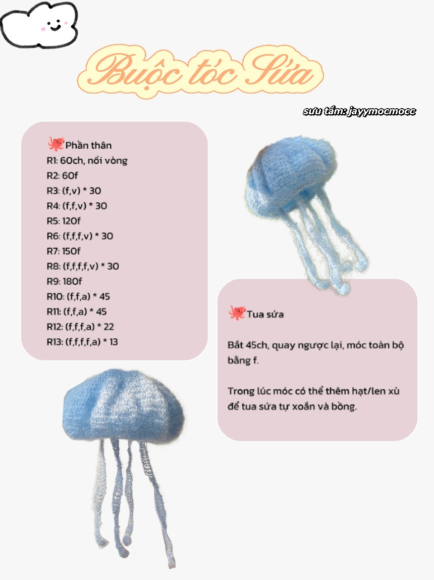 Hướng dẫn móc len dây buộc tóc sứa màu xanh dương