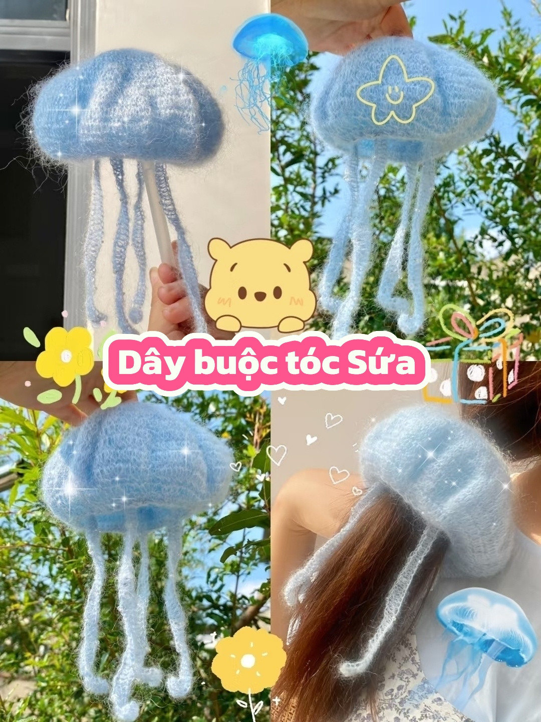 Hướng dẫn móc len dây buộc tóc sứa màu xanh dương