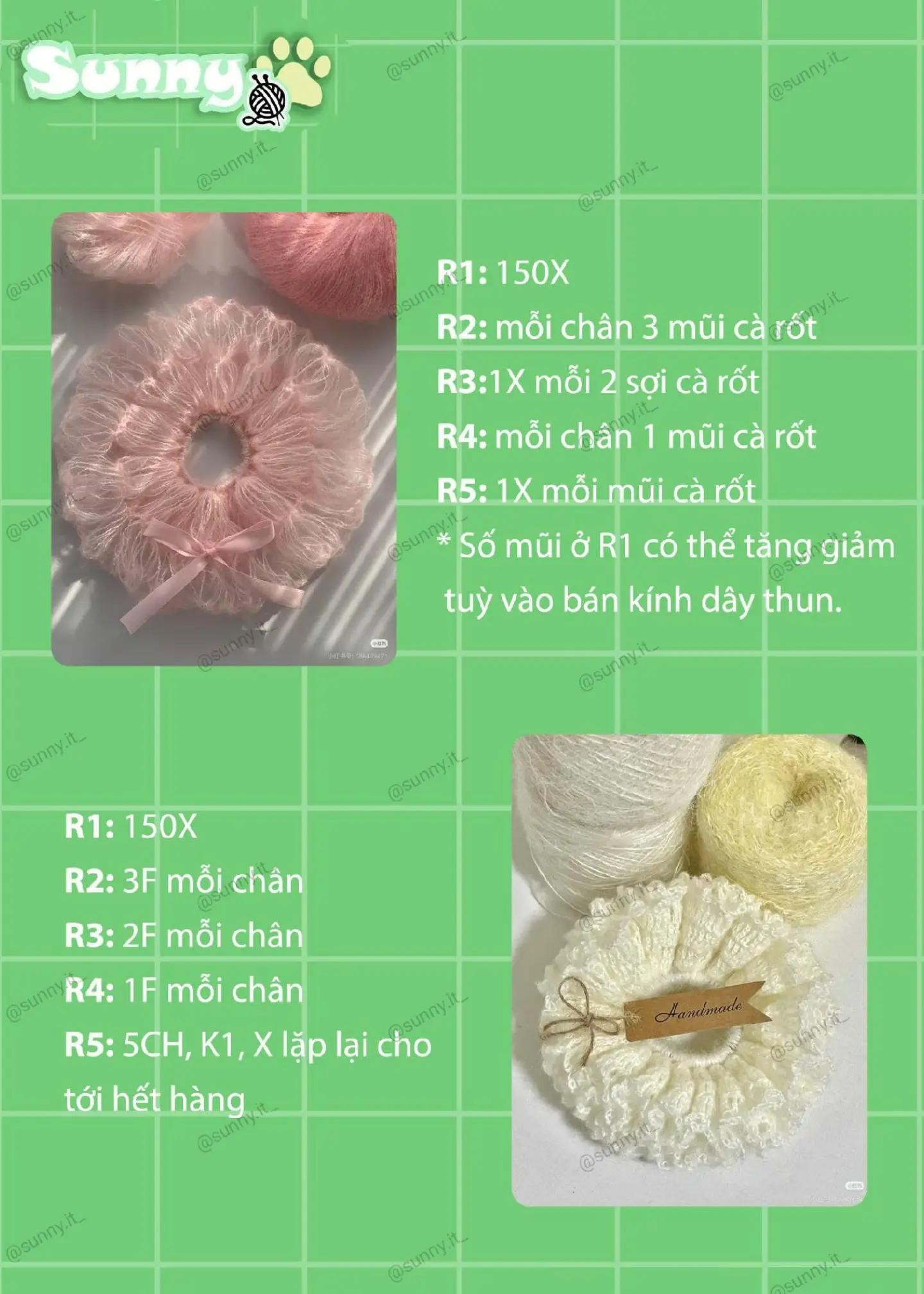 Hướng dẫn móc len dây thun Scrunchies bằng sợi Mohair đa dạng màu sắc