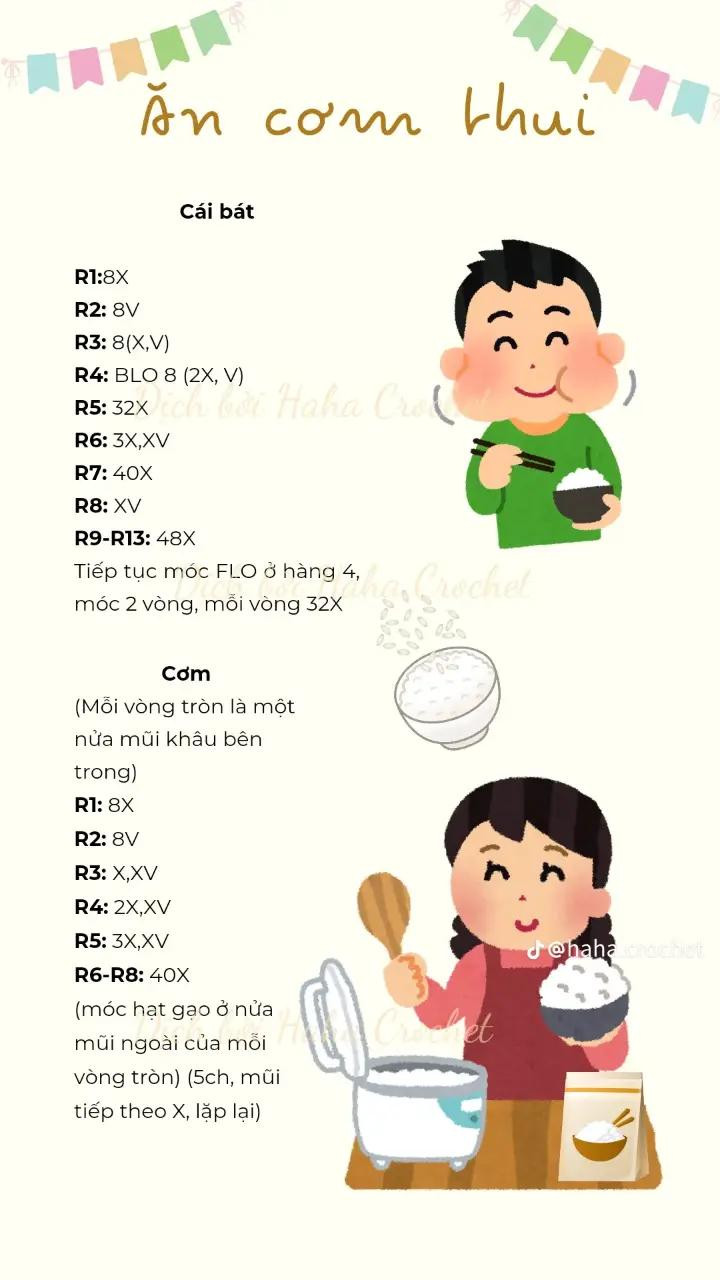 Hướng dẫn móc len đồ ăn cơm khui: Cái bát và Cơm bằng cotton trắng