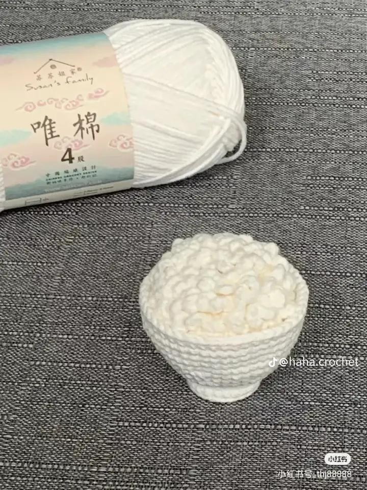 Hướng dẫn móc len đồ ăn cơm khui: Cái bát và Cơm bằng cotton trắng