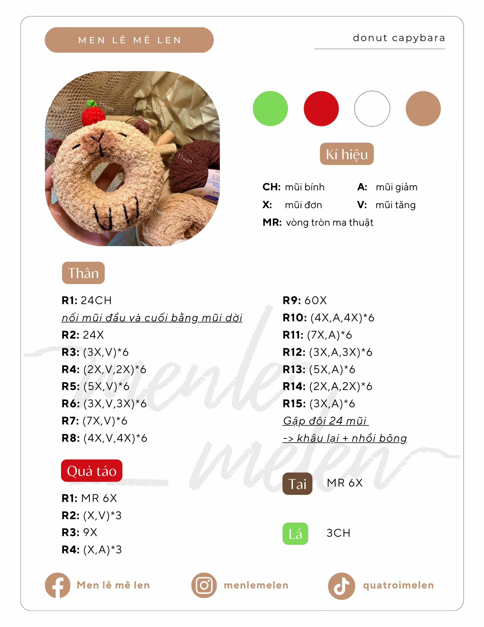 Hướng dẫn móc len Donut Capybara dễ thương với màu nâu và quả táo đỏ