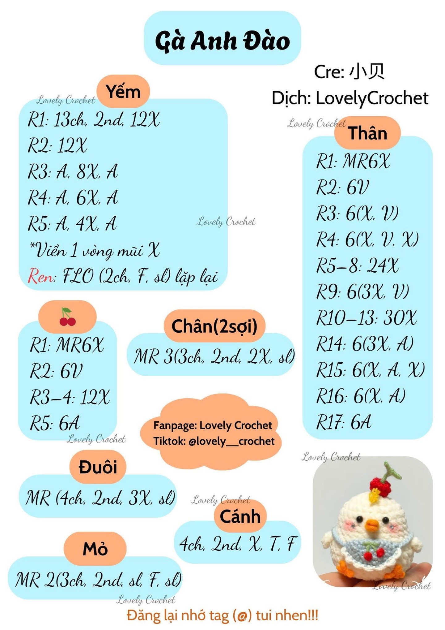 Hướng dẫn móc len Gà Anh Đào dễ thương, biểu đồ chi tiết từng phần