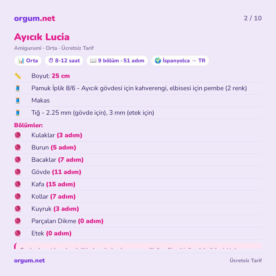 Hướng dẫn móc len gấu bông Ayıcık Lucia màu nâu và váy hồng, bảng hướng dẫn chi tiết từng phần bằng tiếng Thổ Nhĩ Kỳ