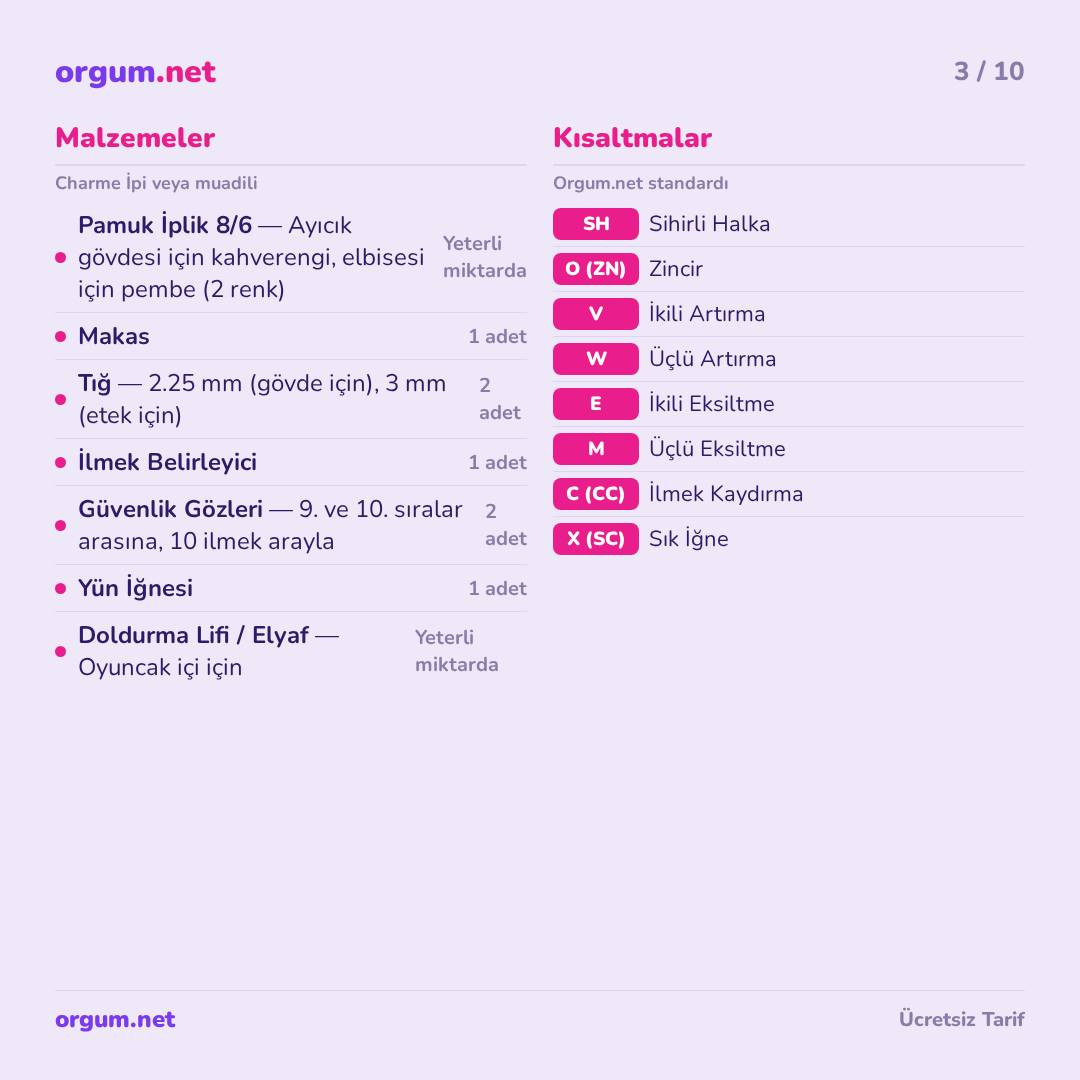 Hướng dẫn móc len gấu bông Ayıcık Lucia màu nâu và váy hồng, bảng hướng dẫn chi tiết từng phần bằng tiếng Thổ Nhĩ Kỳ