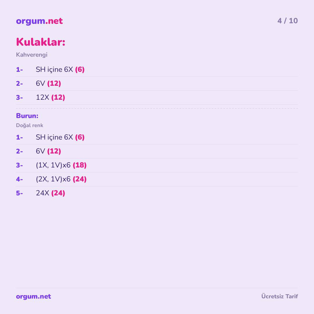 Hướng dẫn móc len gấu bông Ayıcık Lucia màu nâu và váy hồng, bảng hướng dẫn chi tiết từng phần bằng tiếng Thổ Nhĩ Kỳ